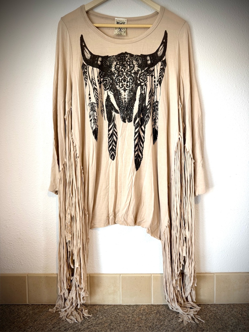Boho Buffalo Native American tan Fringe Graphic Tunic